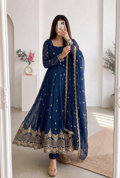 Navy blue embroidered gown with dupatta