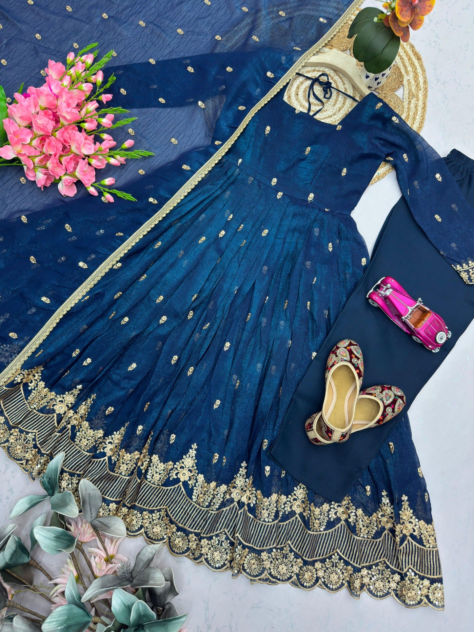 Navy blue designer gown set flat lay with pant and dupatta