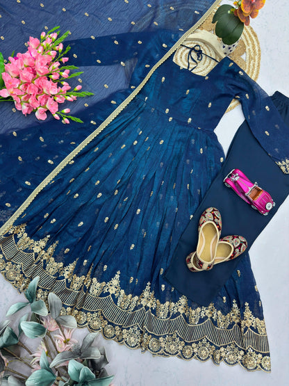 Navy blue designer gown set flat lay with pant and dupatta