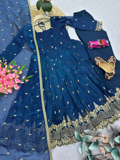 Navy blue embroidered gown set detailed flat lay