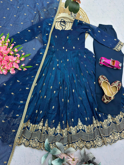 Navy blue heavy crunchy silk gown set embroidery detail