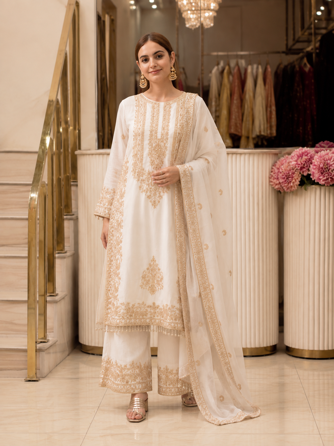 White faux georgette embroidered sequin top palazzo dupatta set on model