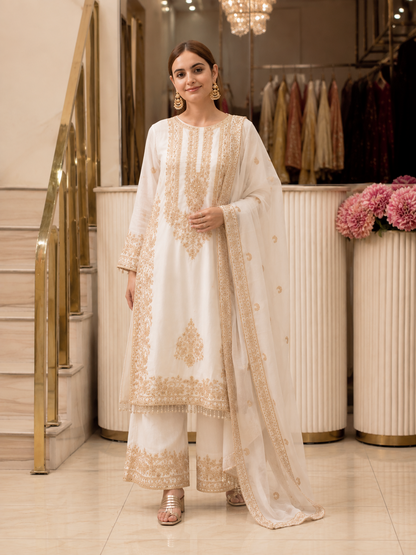 White faux georgette embroidered sequin top palazzo dupatta set on model