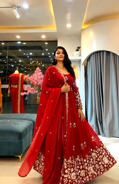 Red Fendy Silk embroidered sequin gown set with dupatta