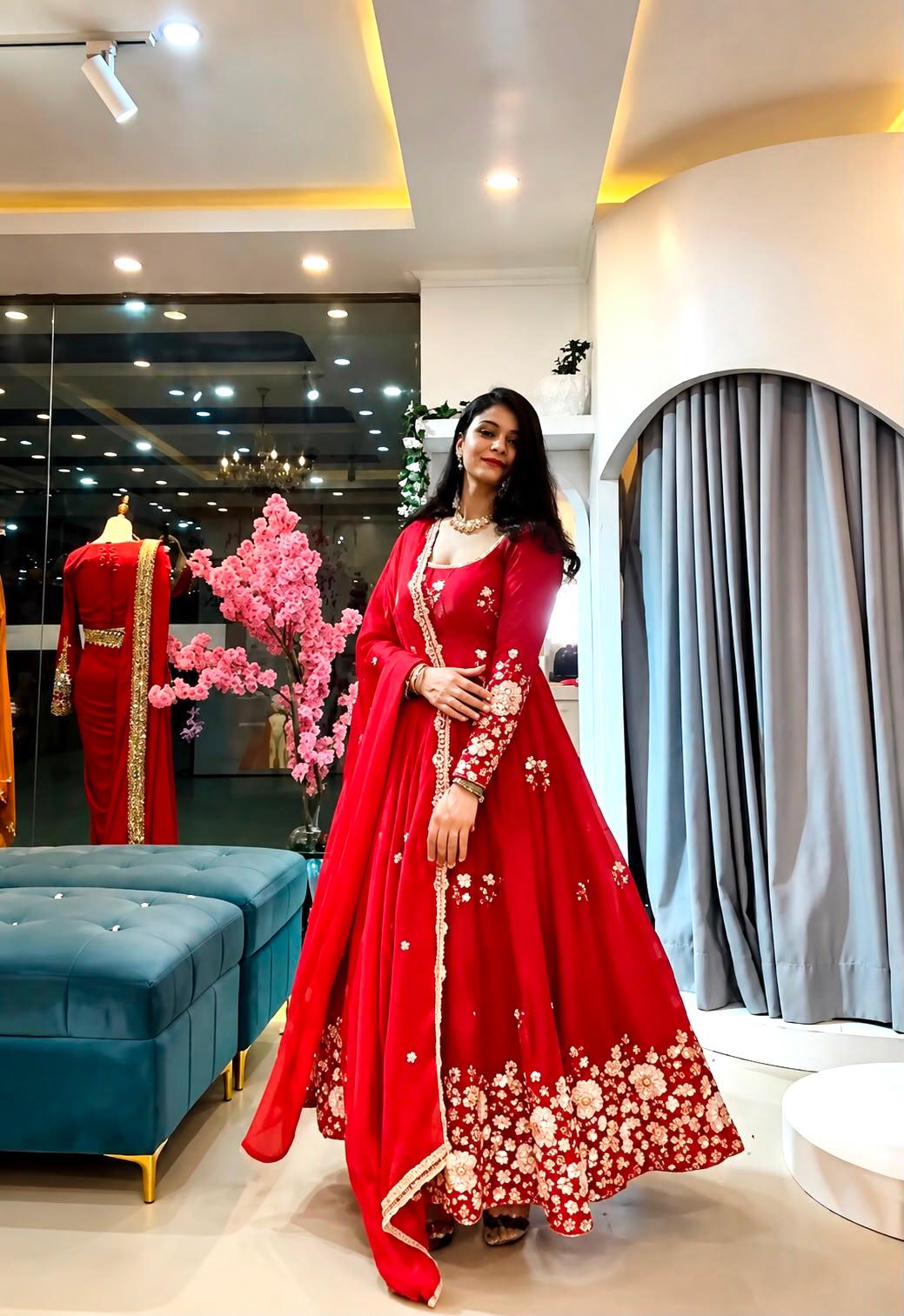 Red Fendy Silk embroidered gown full length front view