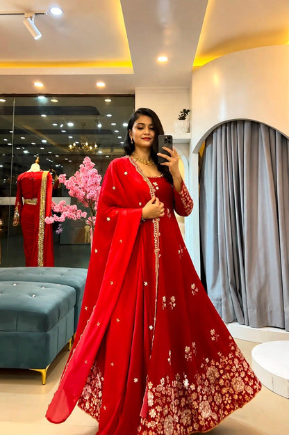 Red embroidered Fendy Silk gown with dupatta mirror pose