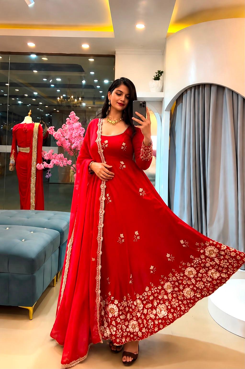 Red Fendy Silk gown flared party wear look