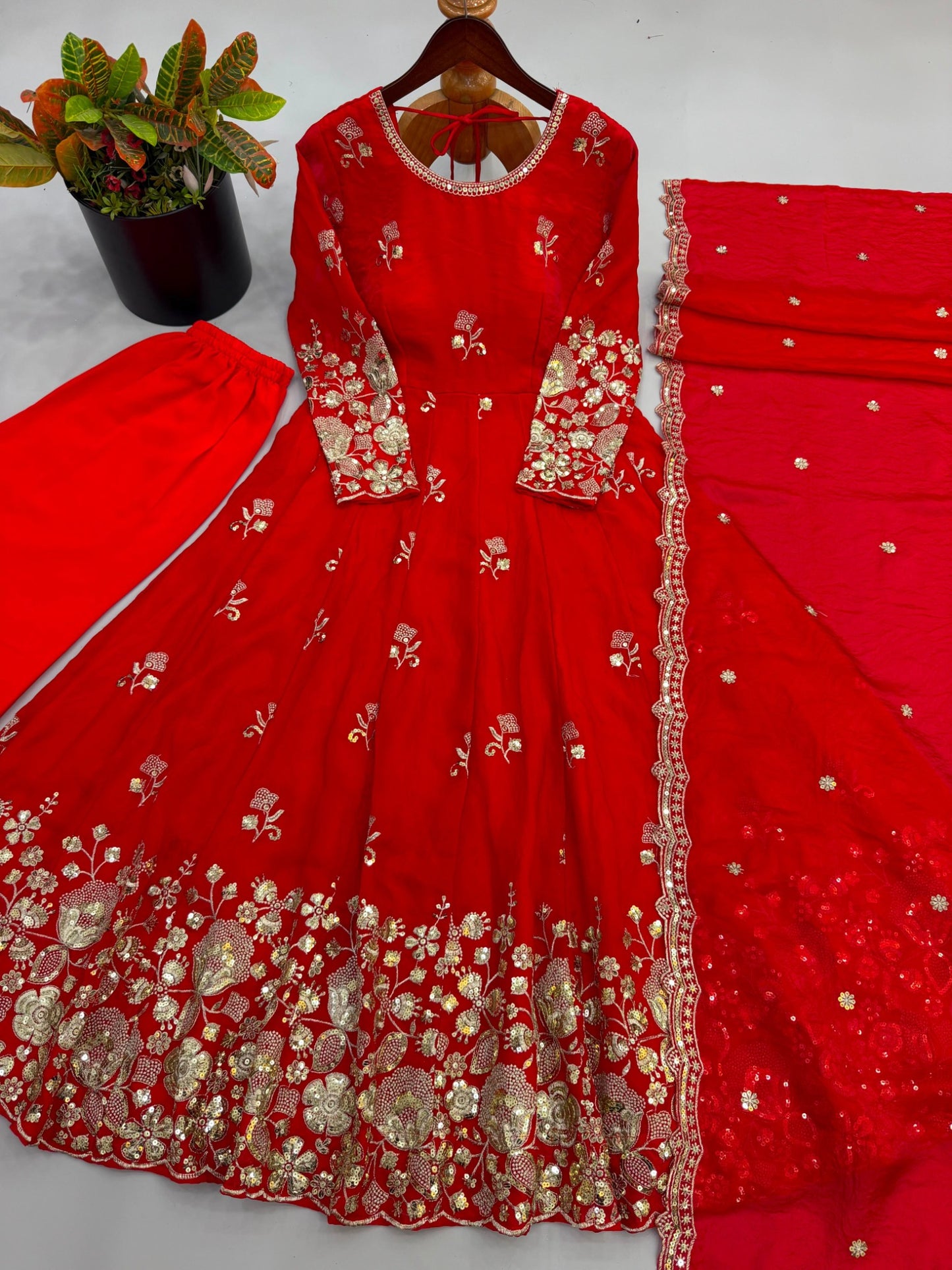 Red Fendy Silk gown pant dupatta set flat lay