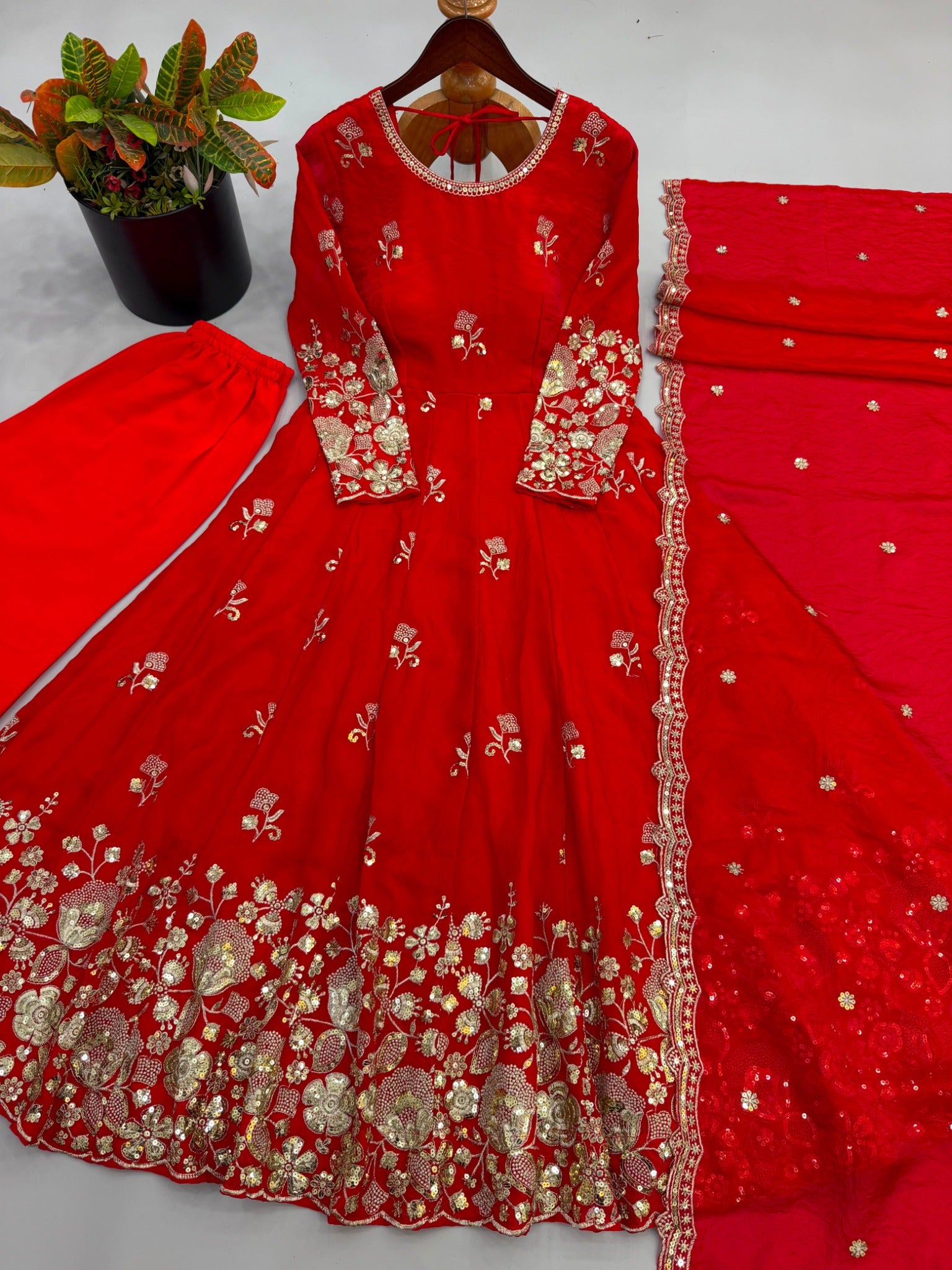 Red Fendy Silk gown pant dupatta set flat lay