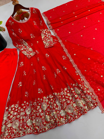 Red embroidered gown and dupatta detailed flat lay