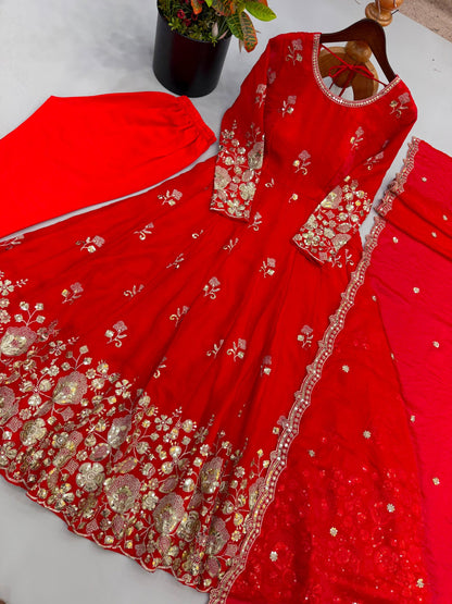 Red Fendy Silk embroidered gown set with pant and dupatta