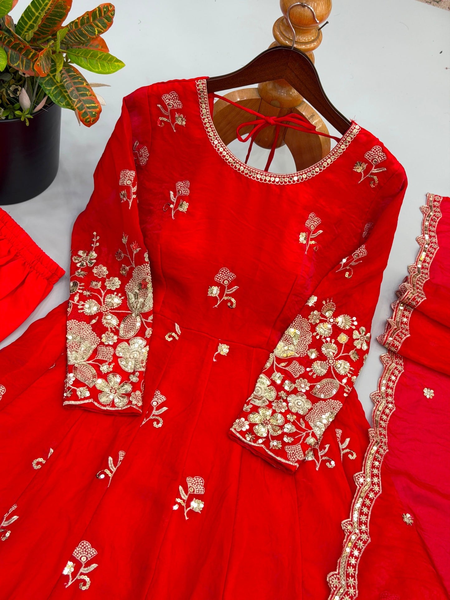 Red Fendy Silk gown neckline and sleeve embroidery detail