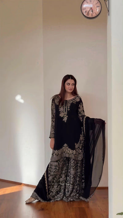 Black Faux Georgette Heavy Embroidered Sequin Kurta Pant Dupatta Set