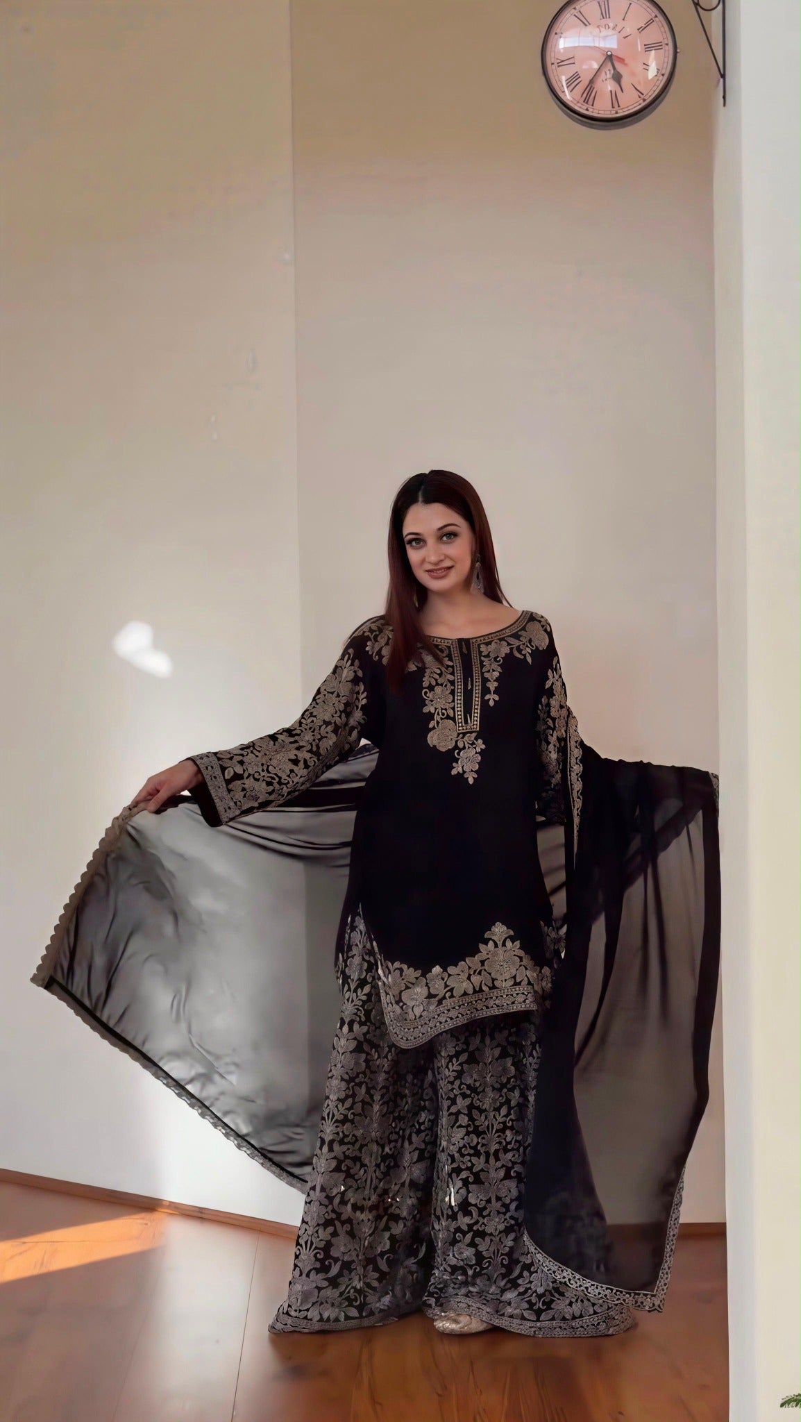 Black embroidered faux georgette top pant dupatta set full look