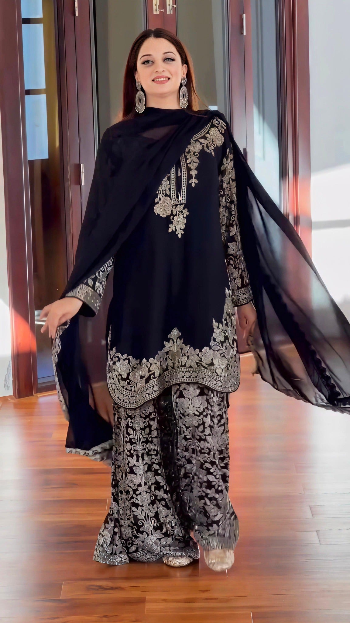 Black faux georgette embroidered party wear set with dupatta