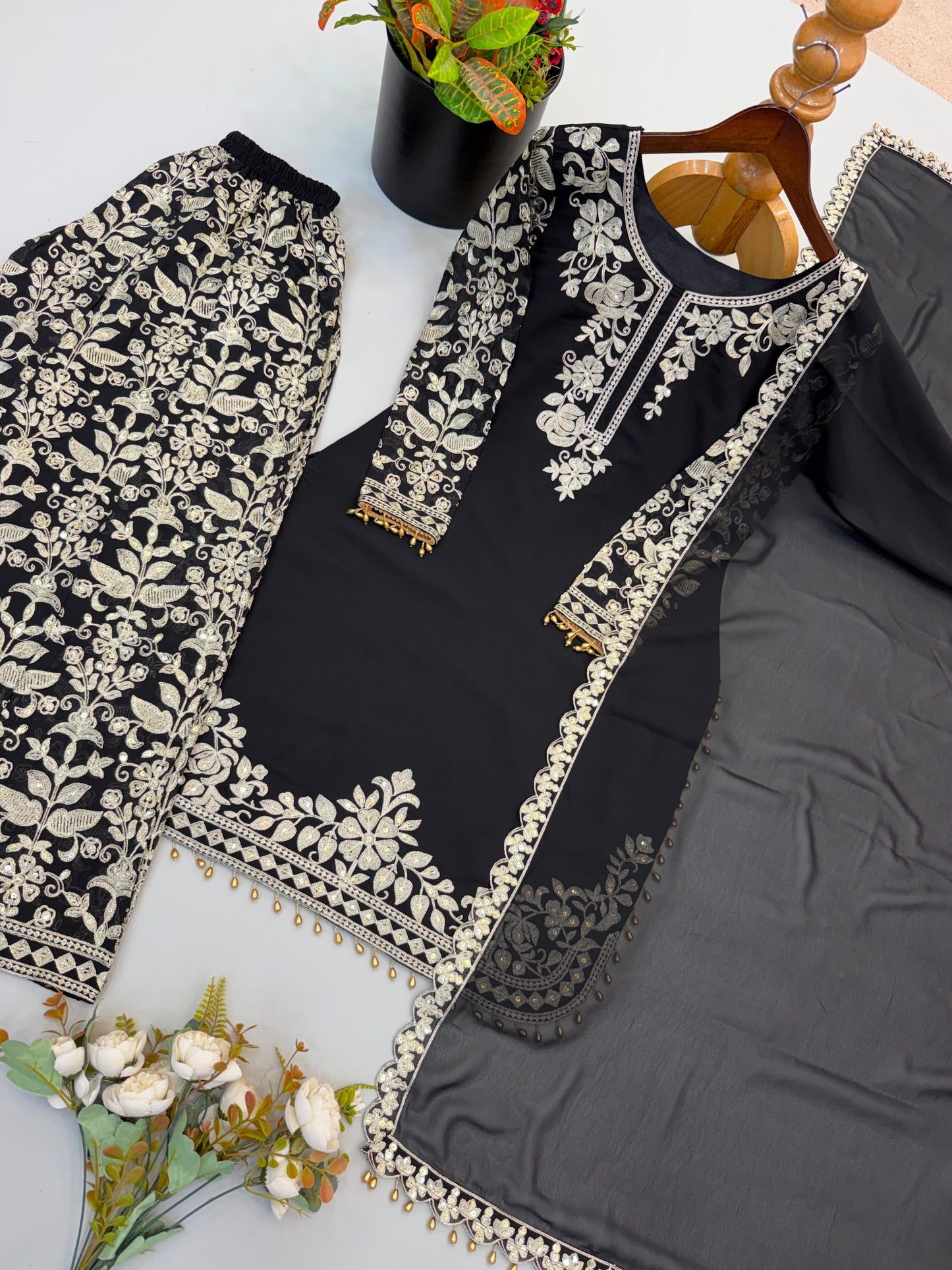 Black embroidered faux georgette kurta pant dupatta product view
