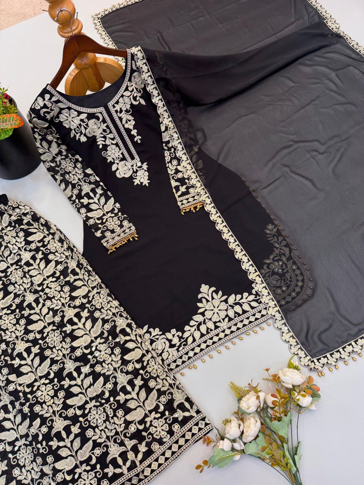 Black faux georgette embroidered top pant dupatta set close-up