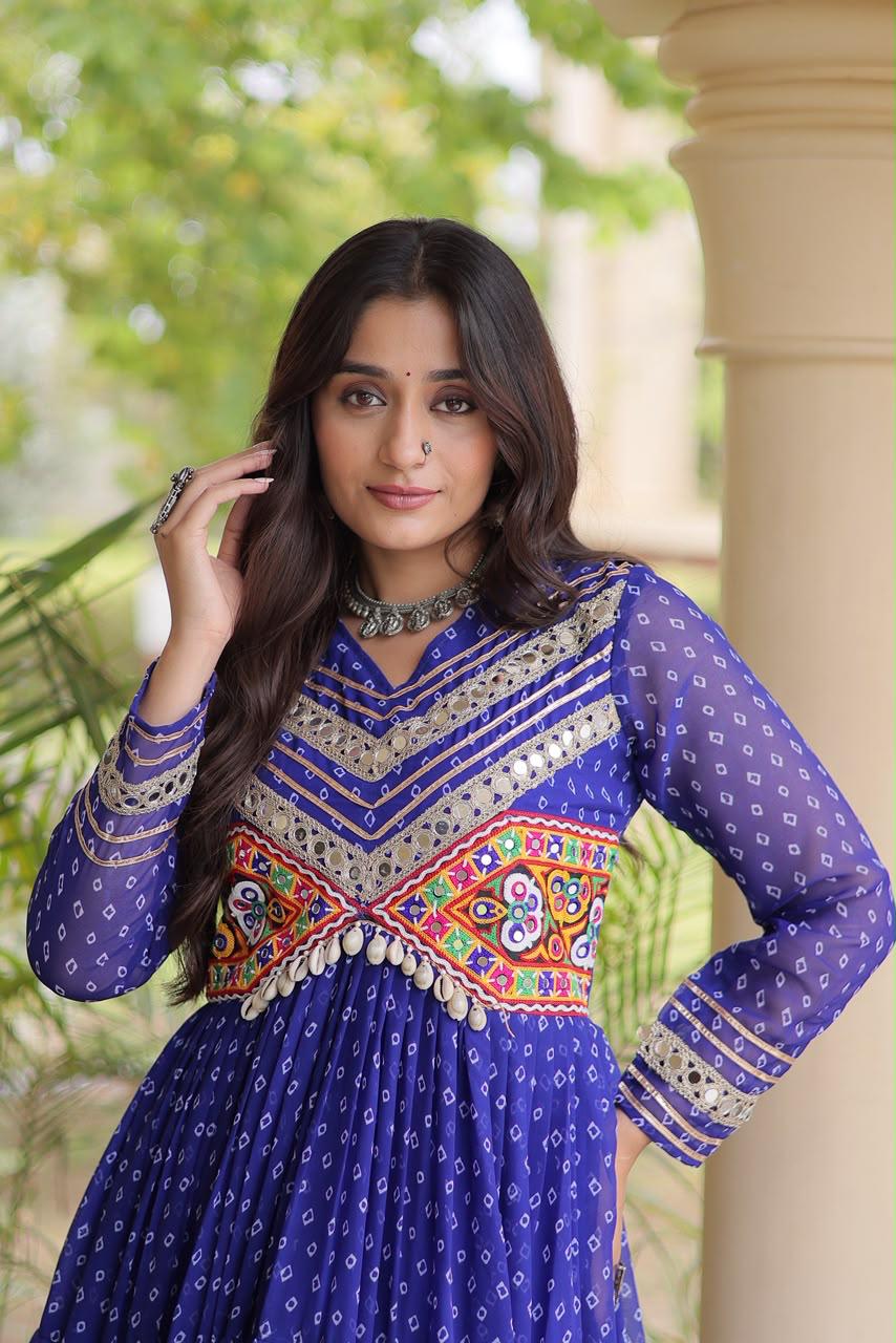 Royal blue Bandhani print Navratri gown with Kutchi patchwork