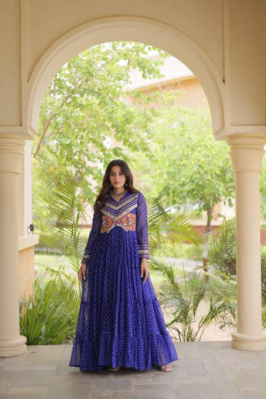 Full length royal blue Bandhani Navratri gown