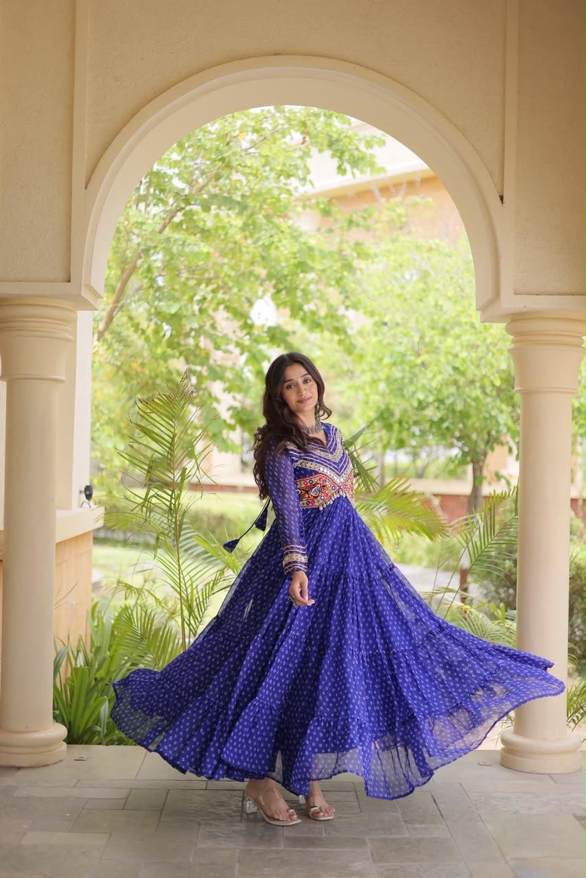 Royal blue flared Bandhani gown with Kutchi embroidery