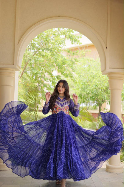 12 meter flare royal blue Bandhani Navratri gown