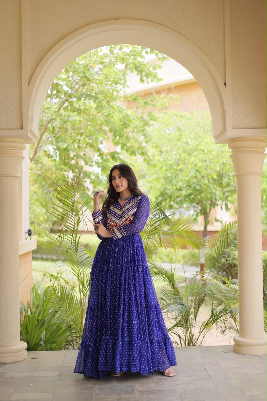Royal blue Bandhani print faux georgette Navratri gown