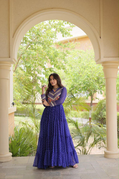 Royal blue Bandhani print faux georgette Navratri gown