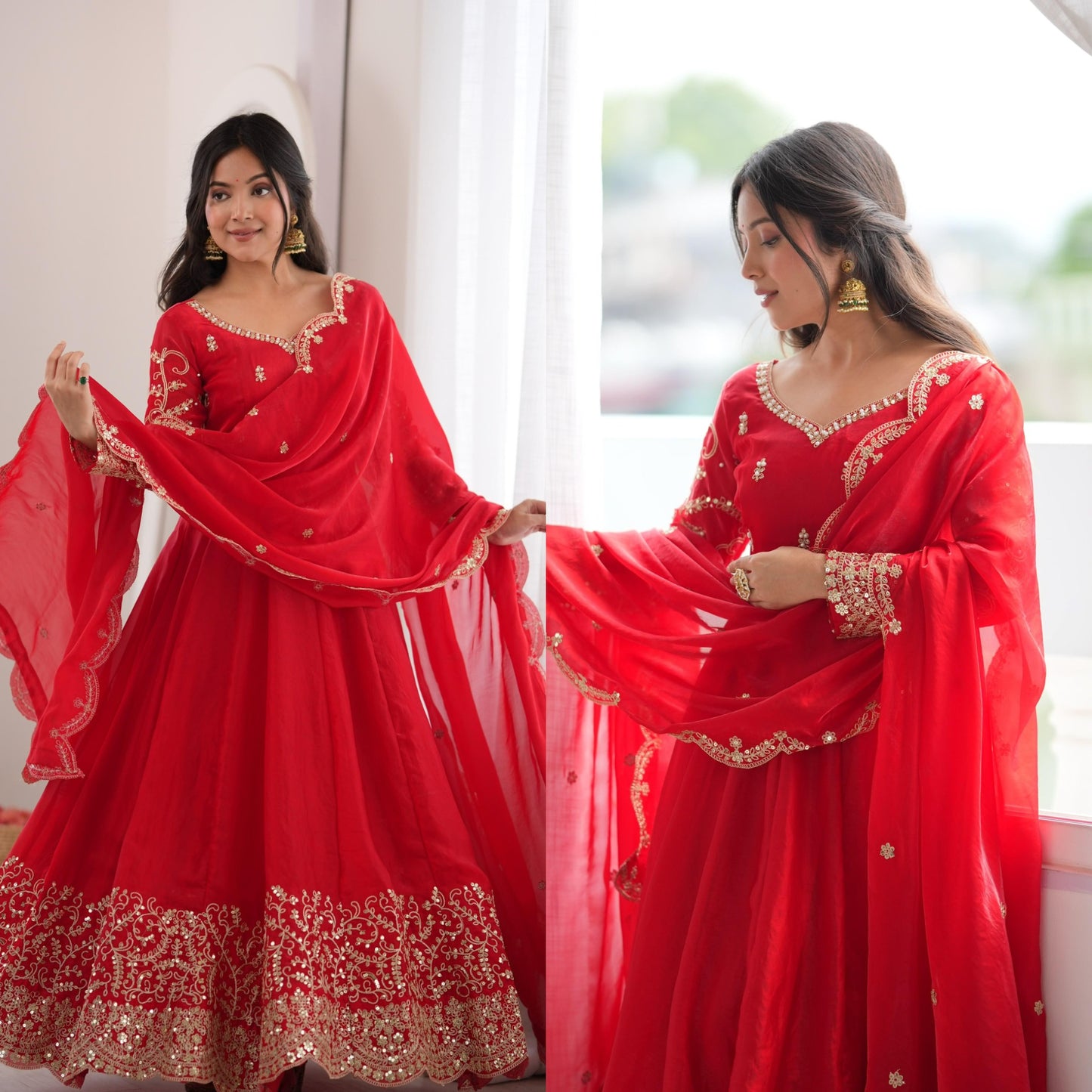 Red Fendy Silk embroidered gown set with dupatta