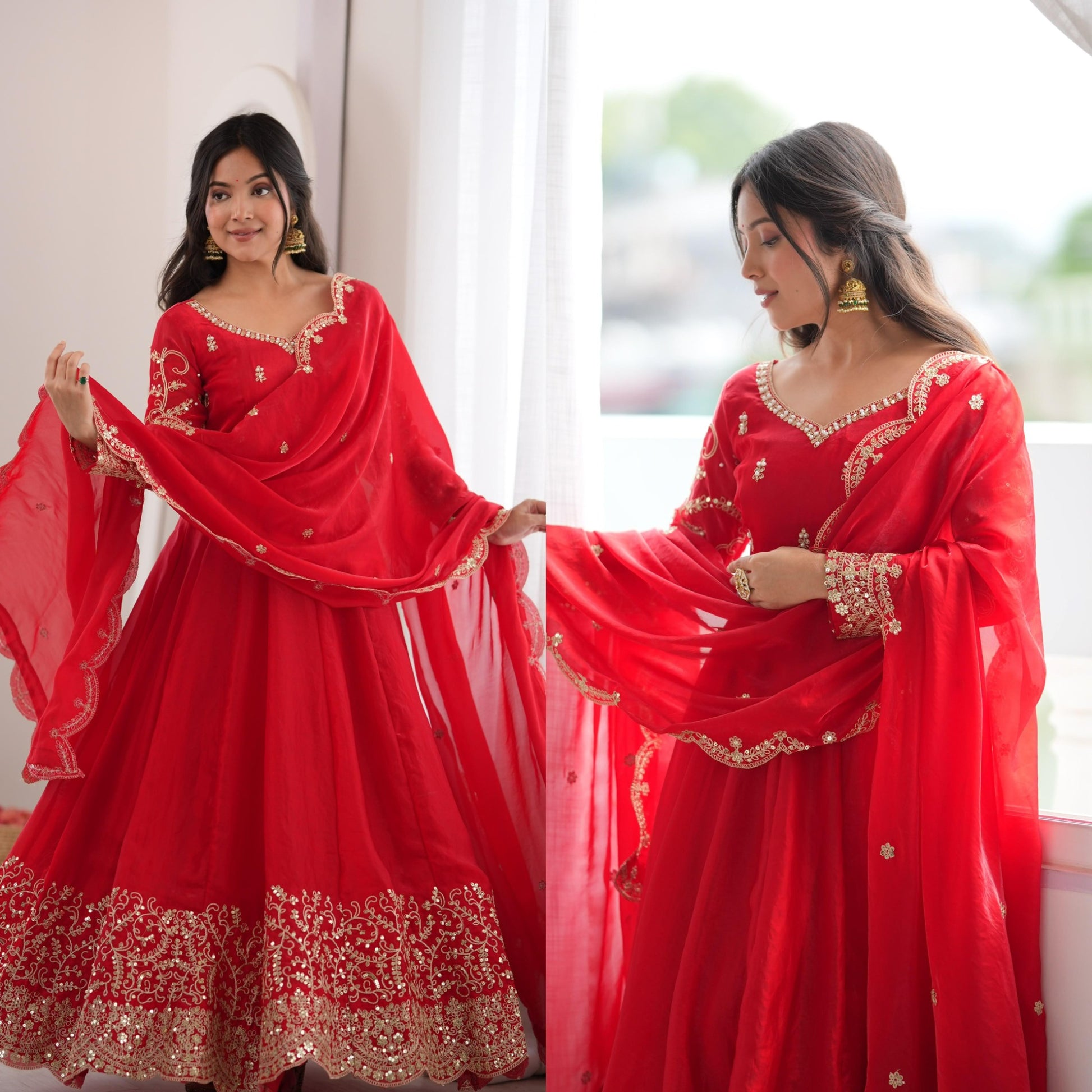Red Fendy Silk embroidered gown set with dupatta