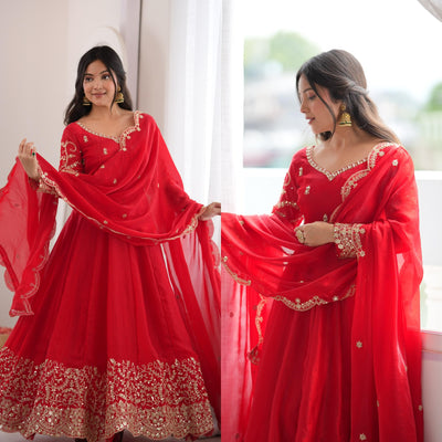 Red Fendy Silk Embroidered Gown Set with Pant & Dupatta