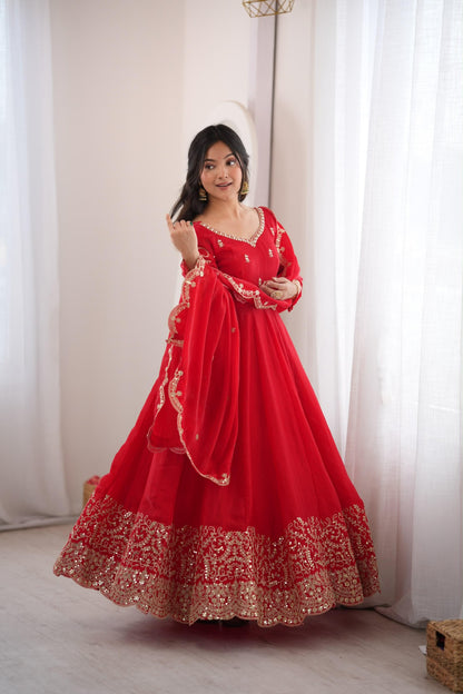 Red embroidered Fendy Silk gown full length view