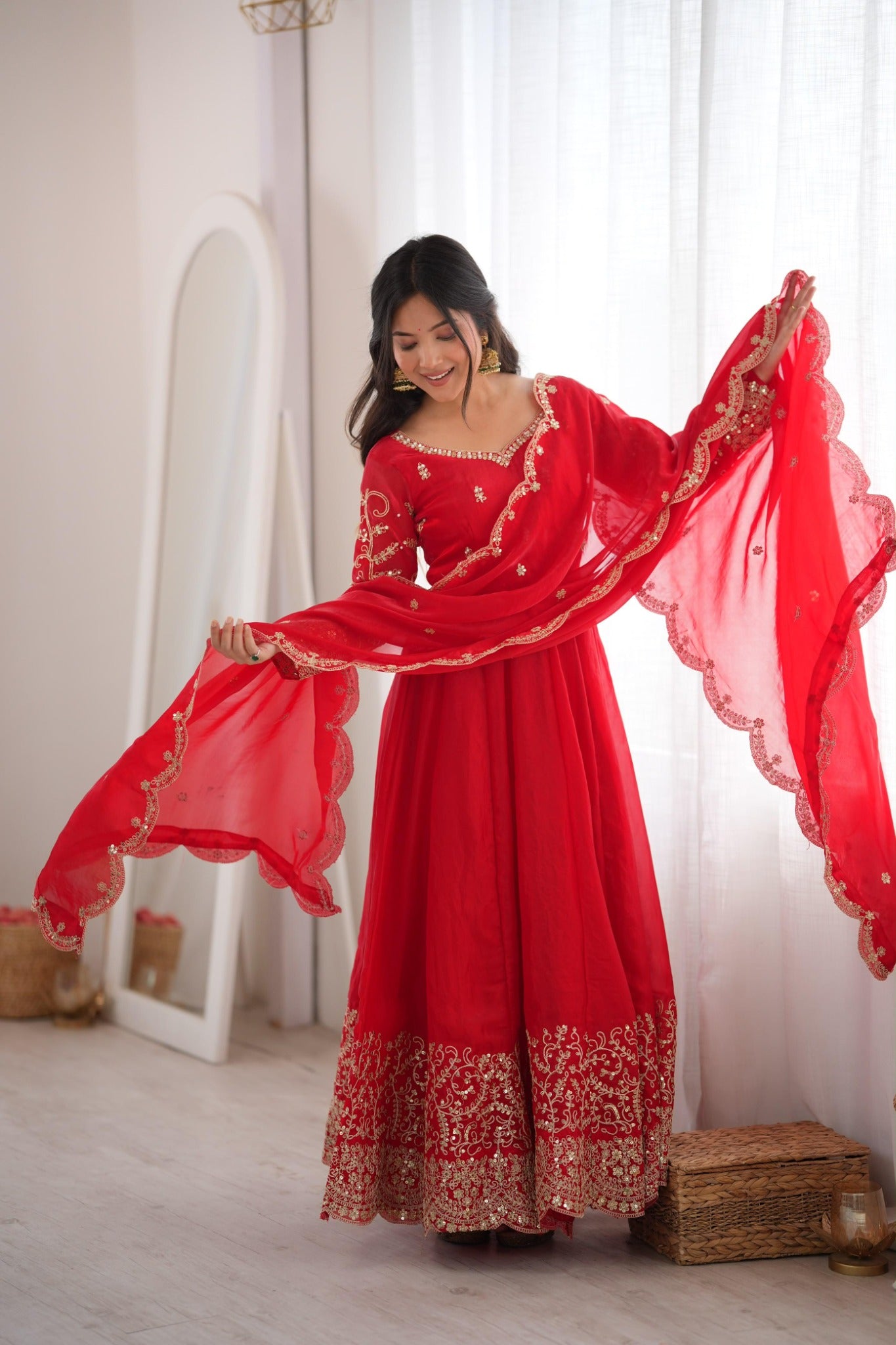 Red Fendy Silk gown with embroidered dupatta