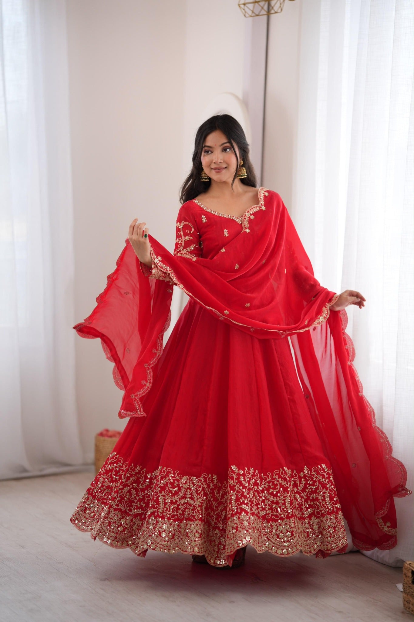 Red embroidered gown set front view
