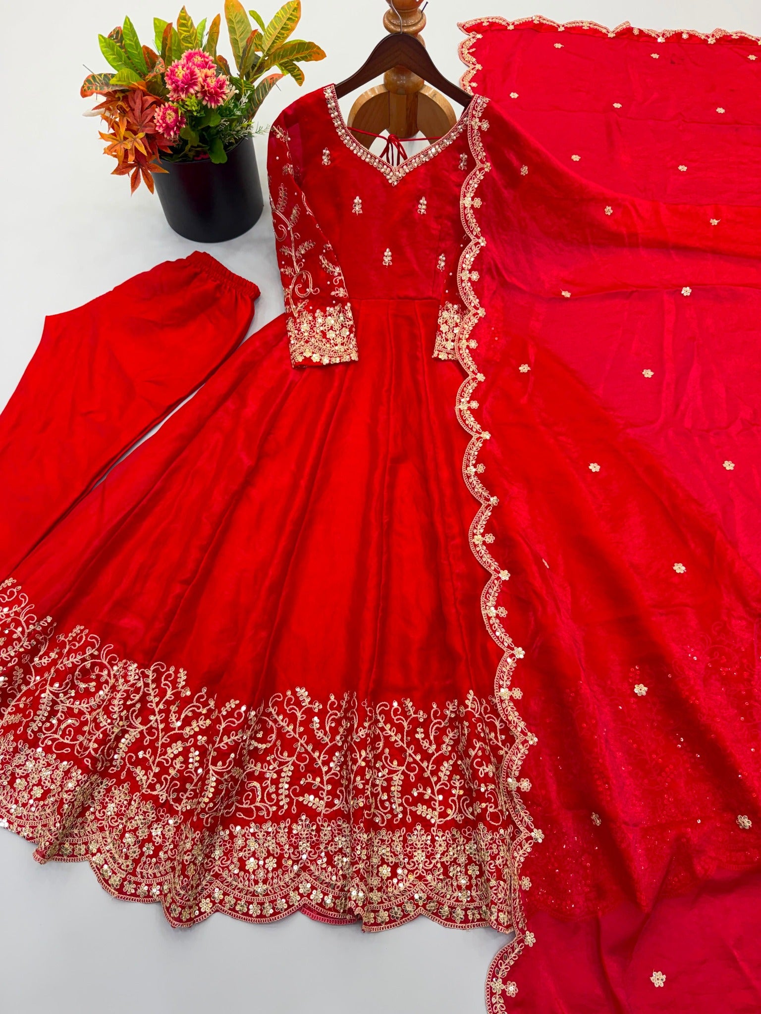 Red Fendy Silk gown pant and dupatta set product view