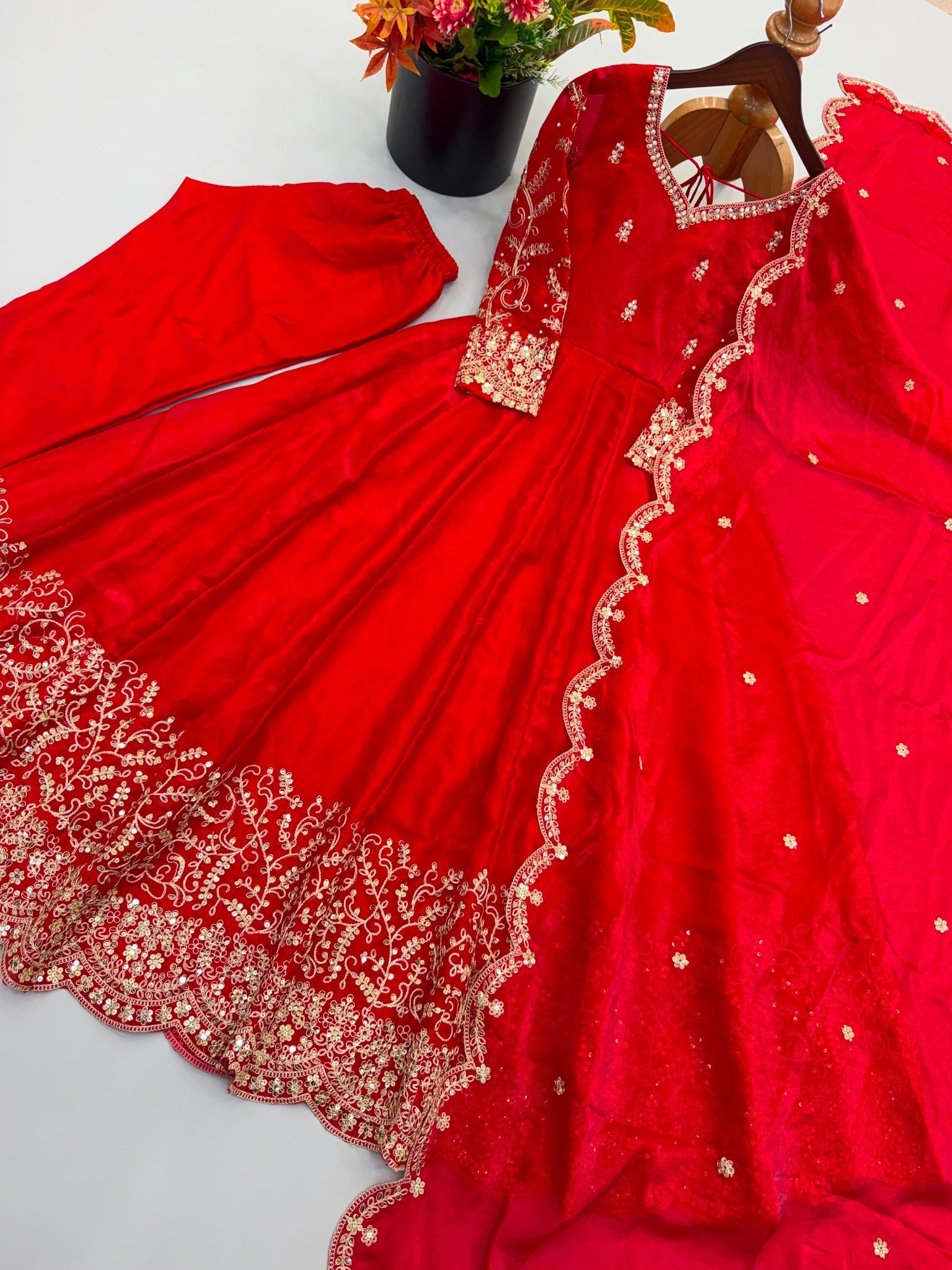 Red embroidered Fendy Silk gown set detail view