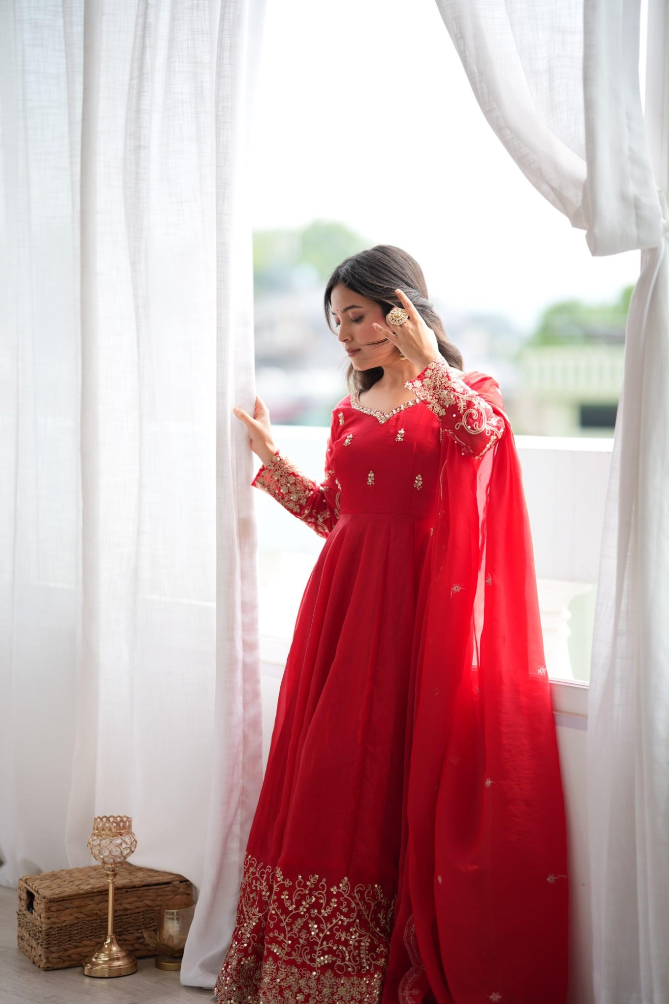 Red Fendy Silk embroidered gown lifestyle view