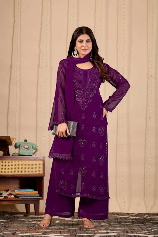 Purple embroidered Fox Blooming Georgette kurta palazzo dupatta set on model