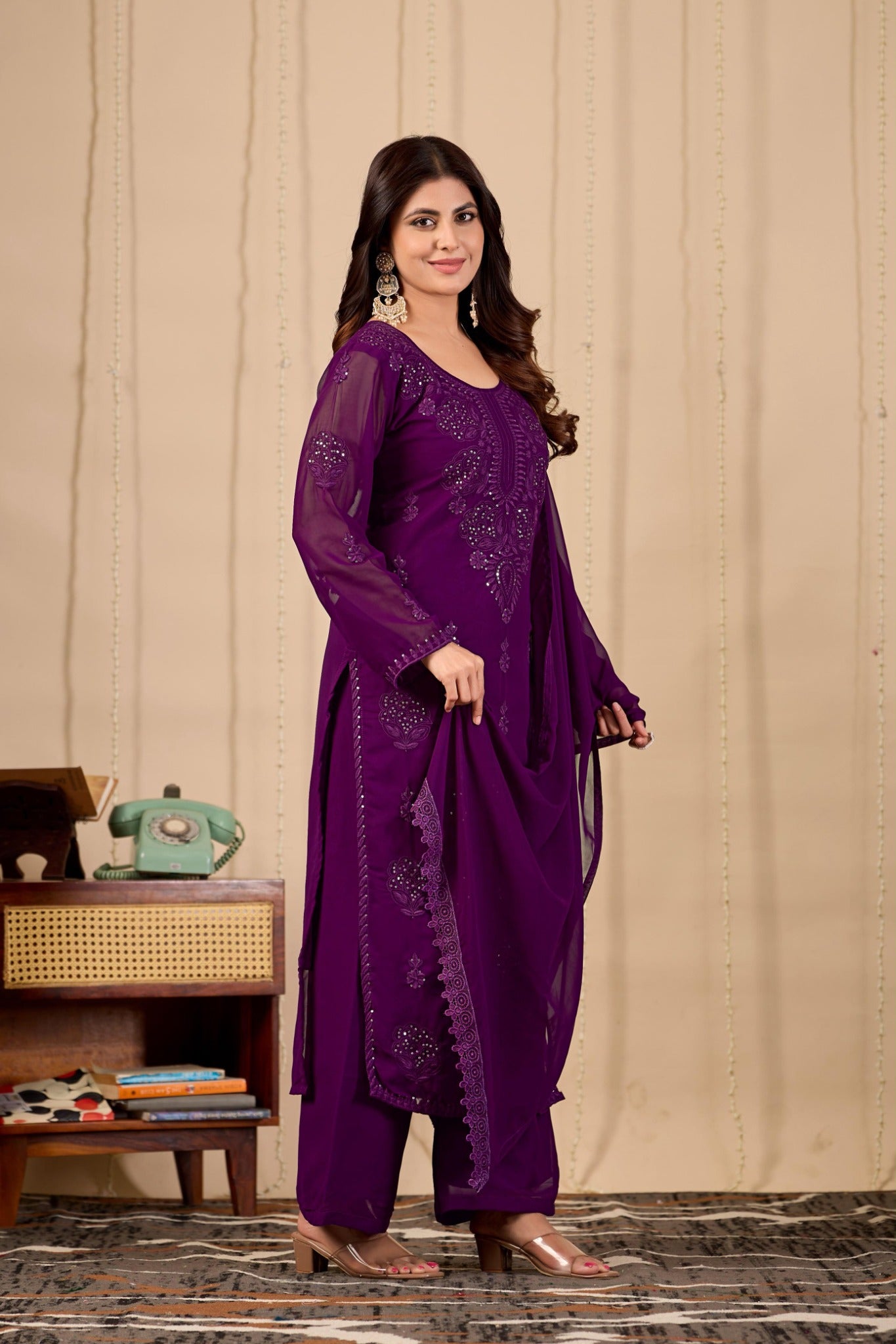 Purple designer party wear georgette set side view