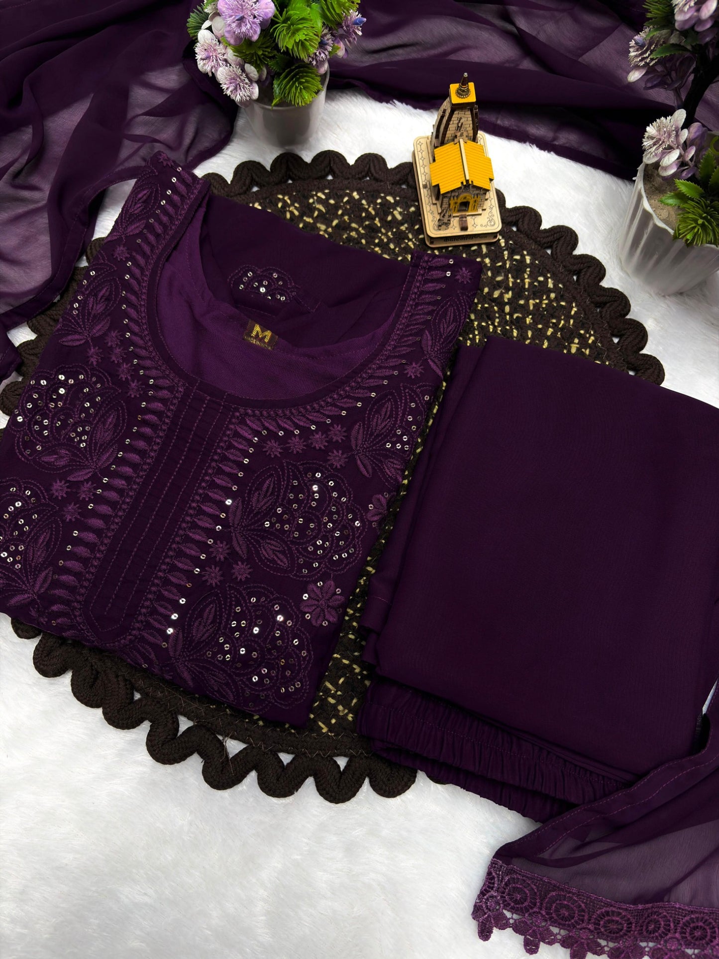 Purple Fox Blooming Georgette embroidered kurta palazzo dupatta flat lay