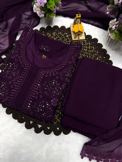 Purple Fox Blooming Georgette embroidered kurta palazzo dupatta flat lay