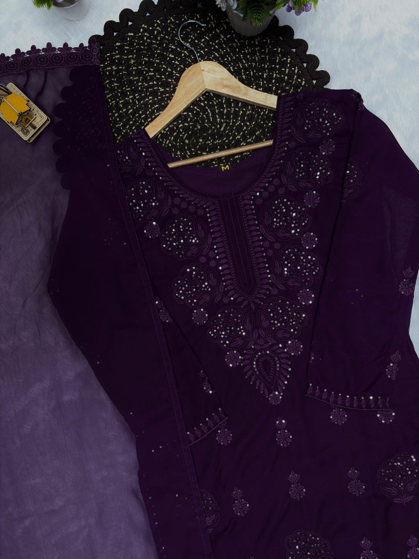 Purple georgette embroidered kurta palazzo dupatta detail flat lay