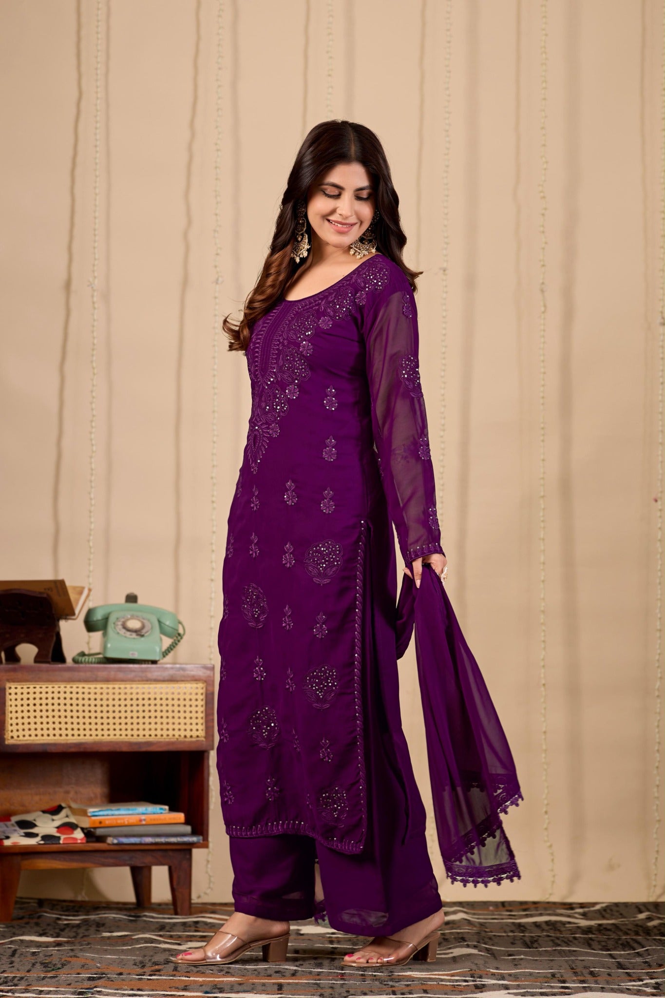 Purple embroidered georgette kurta palazzo dupatta modeling shot