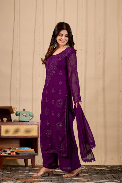 Purple embroidered georgette kurta palazzo dupatta modeling shot
