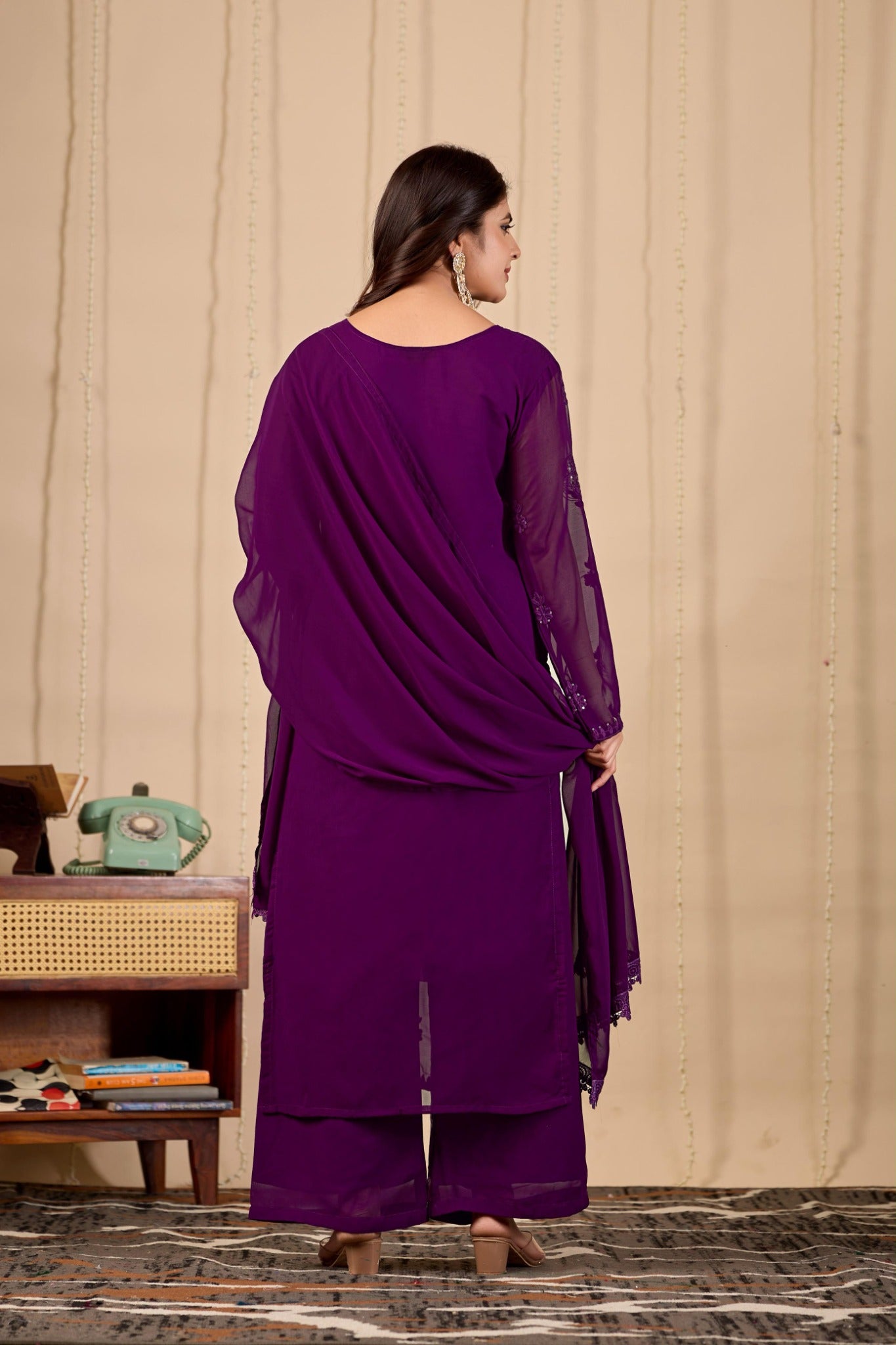 Purple designer georgette kurta palazzo dupatta back view