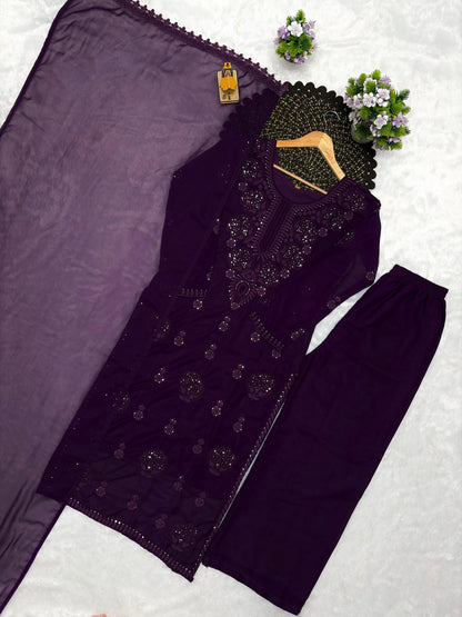 Purple embroidered Fox Blooming Georgette kurta palazzo dupatta full flat lay