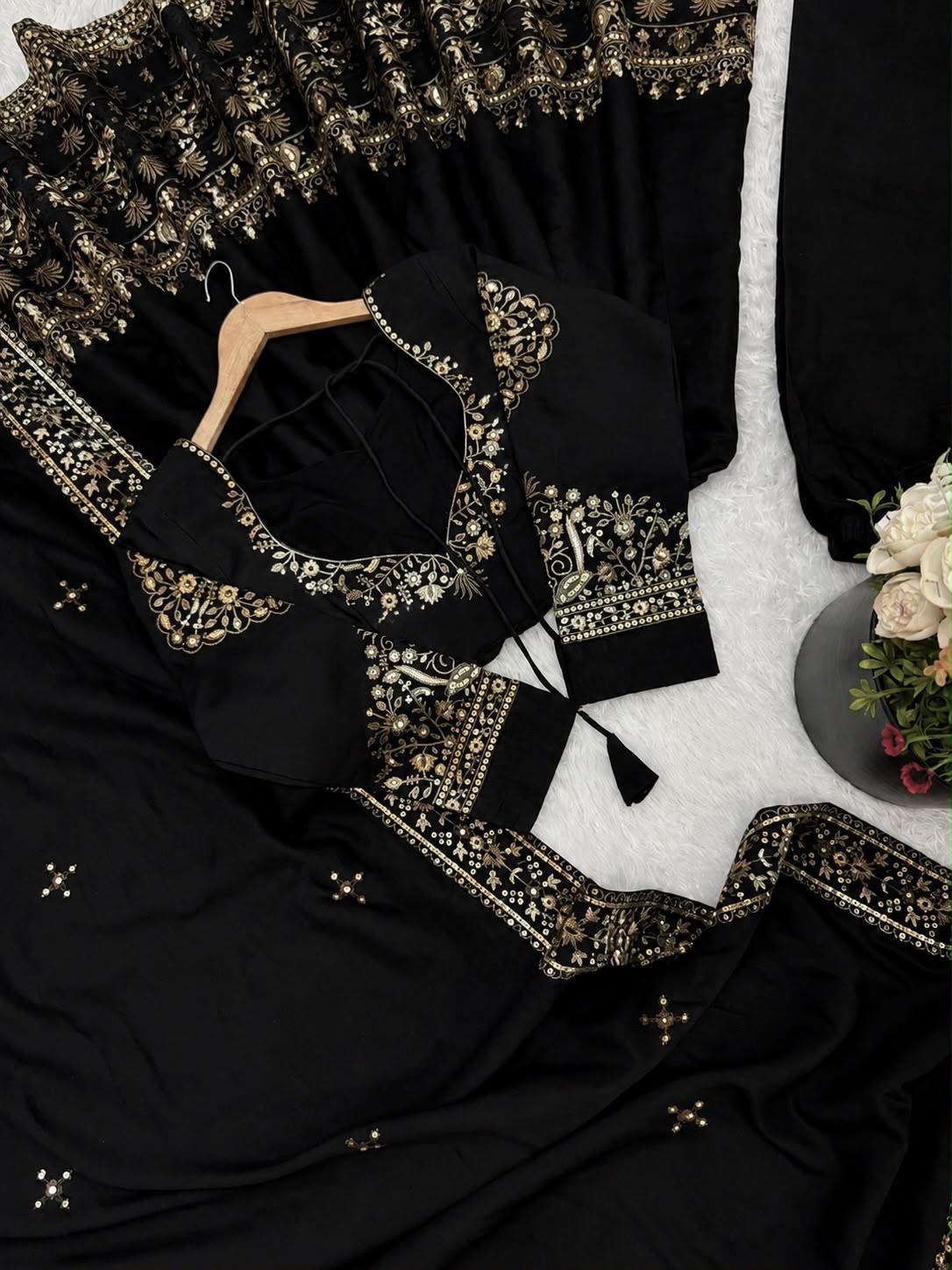 Close-up black Roman Silk Anarkali embroidery sequin work and dupatta