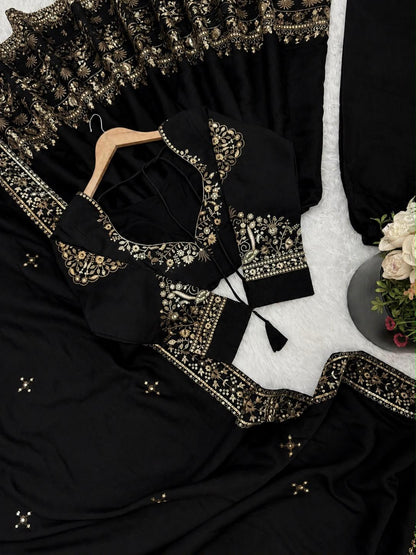 Close-up black Roman Silk Anarkali embroidery sequin work and dupatta