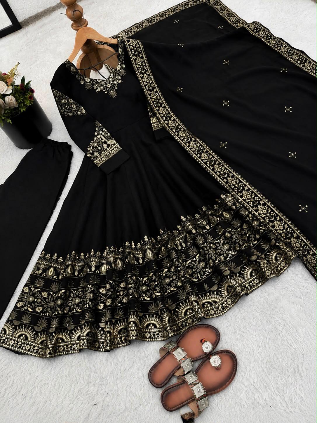 Black Roman Silk Anarkali gown bottom and dupatta flat lay