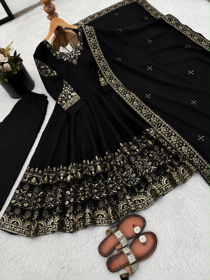 Black Roman Silk Anarkali gown bottom and dupatta flat lay