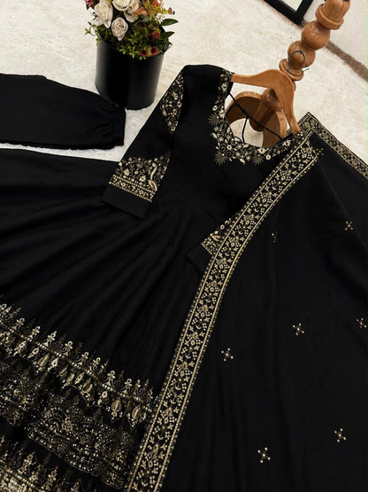 Black embroidered Anarkali neckline sleeves and dupatta detail